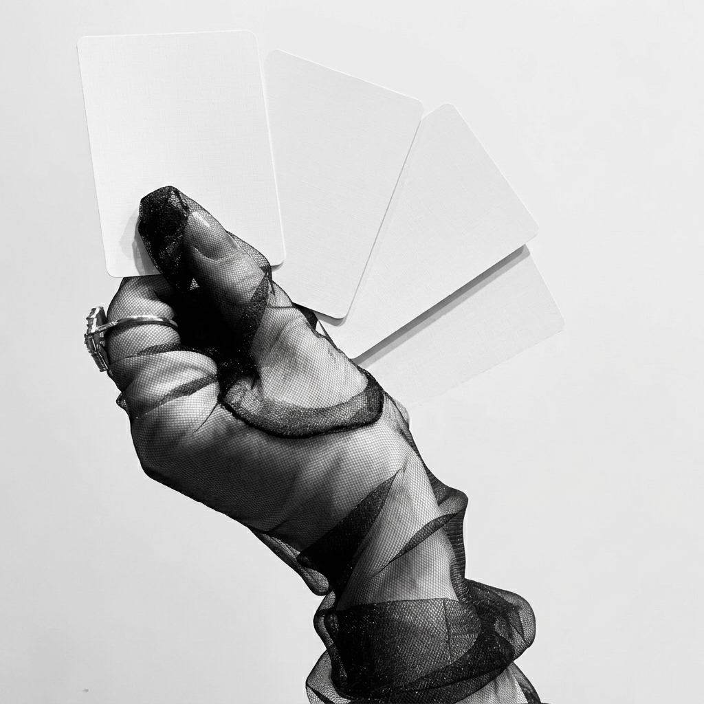 Gloved hands holding poster cards