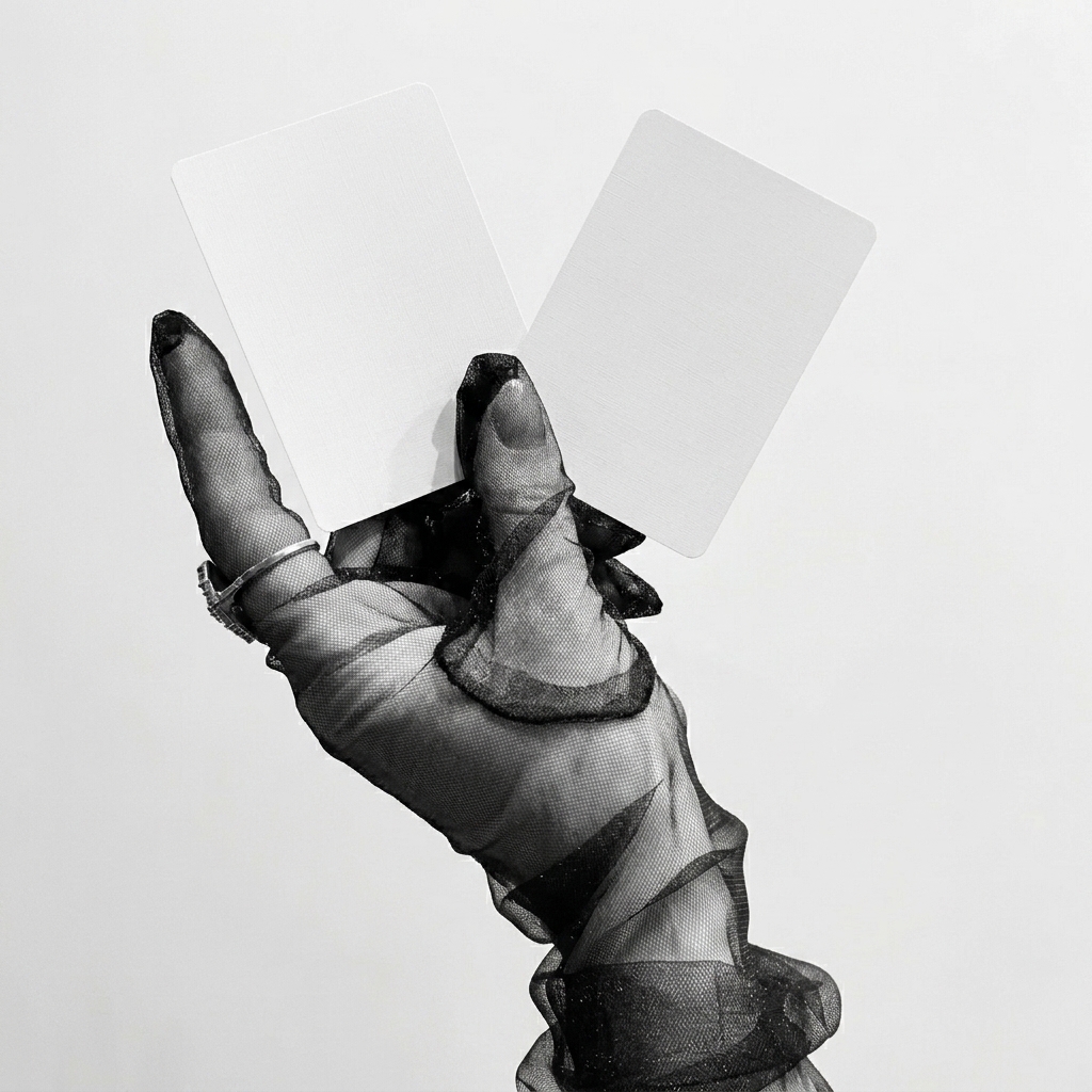 Gloved hands holding product cards